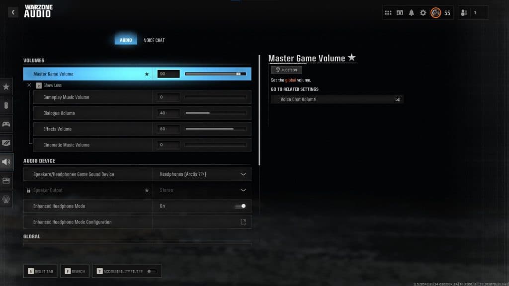 Warzone audio volume settings menu