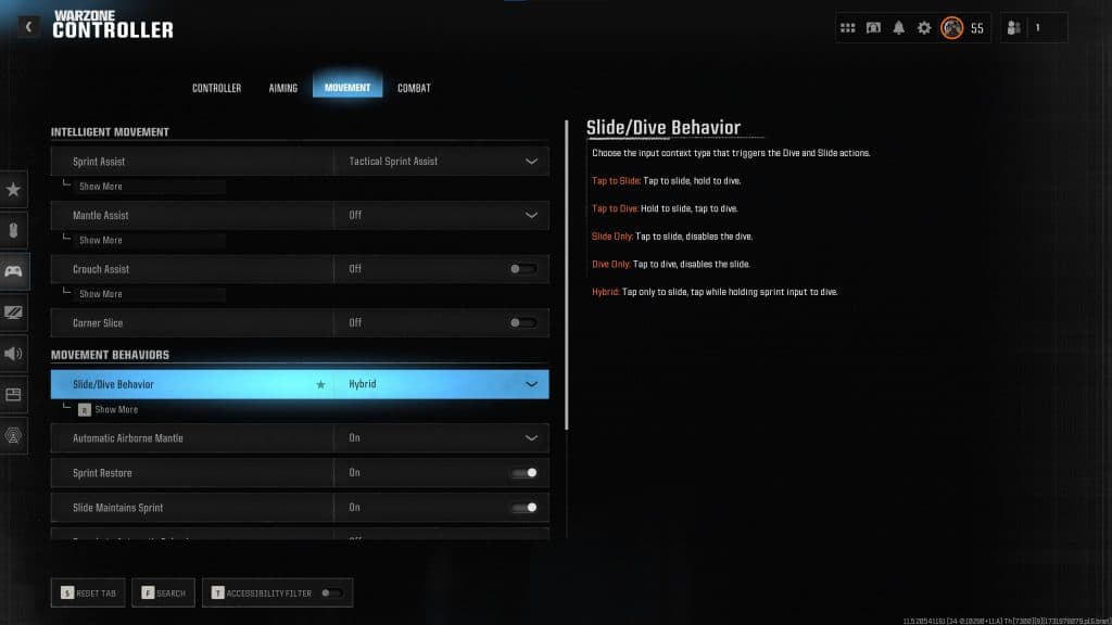 Warzone movement settings menu screen