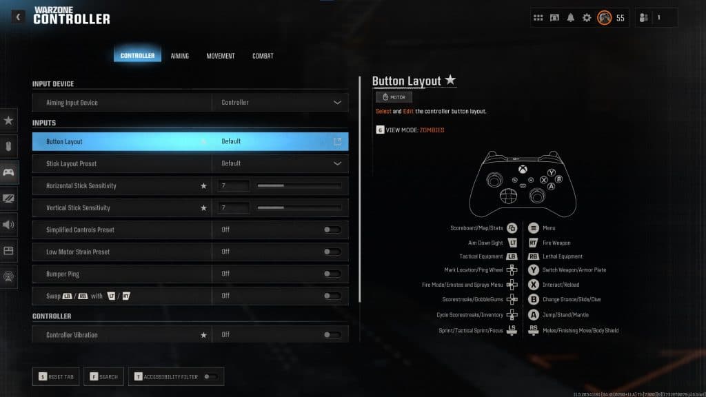 Warzone controller settings menu screen