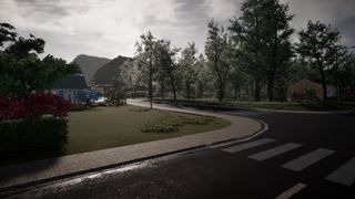 Curved residential street lined with trees