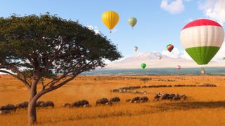 Colorful balloons drift over African savanna