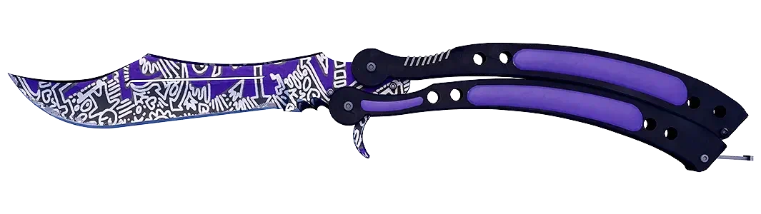 Graffiti-style butterfly knife on black background