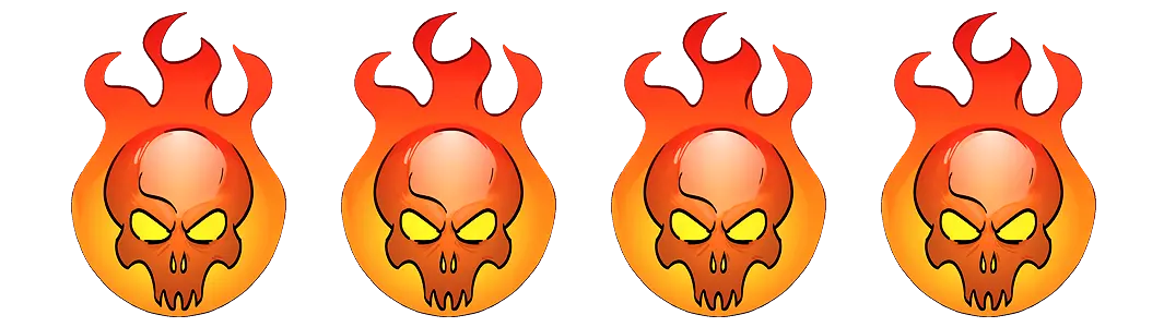 Four flaming orange skulls with eyes