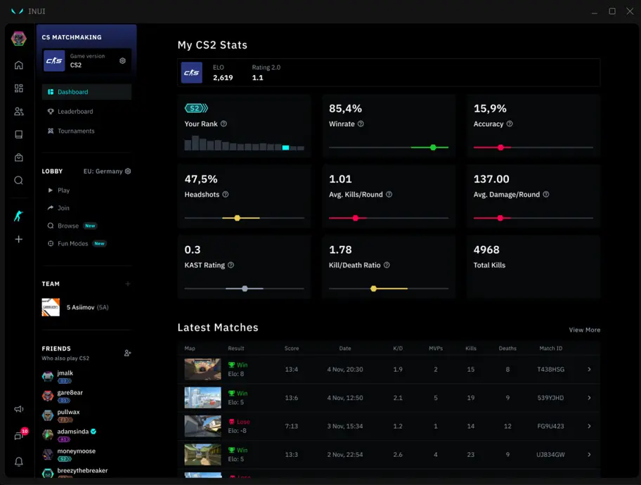 CS2 player dashboard by INUI Gaming