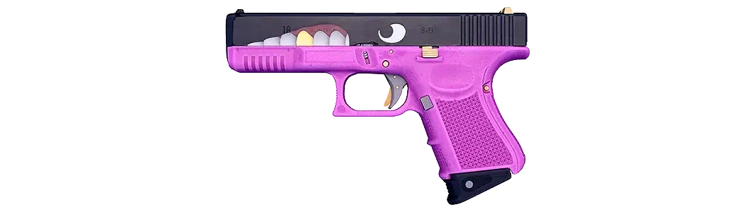 Pink handgun with gold teeth pattern