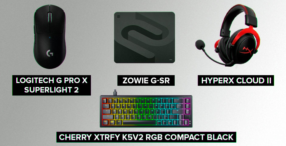 Professional gaming peripherals on white background