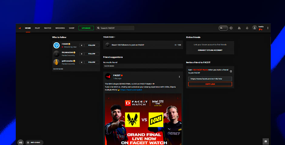 FACEIT platform interface overview