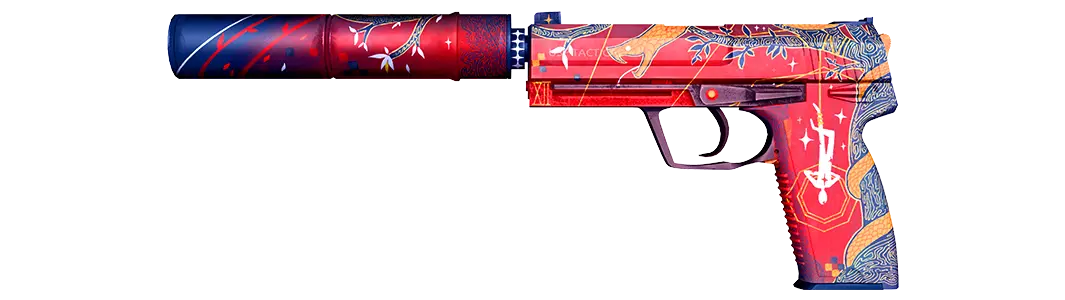 Red and blue decorated weapon illustration