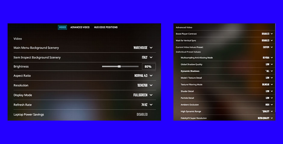 Video graphics settings menu