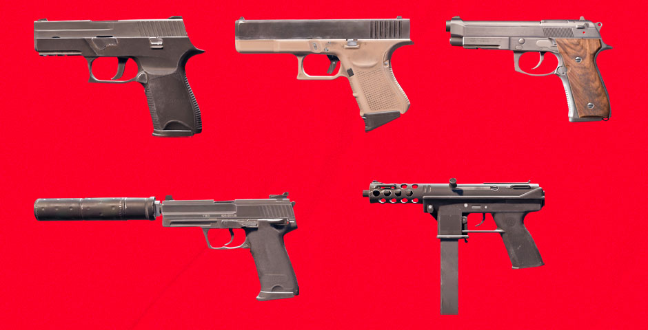 Four pistols on red background