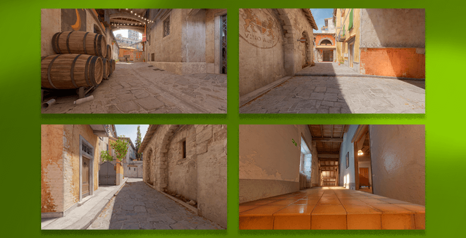 Medieval alley with wooden barrels