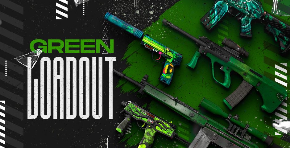 Green weapon collection with vibrant skins