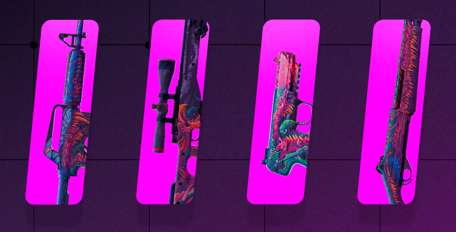 Four colorful Hyper Beast weapon skins