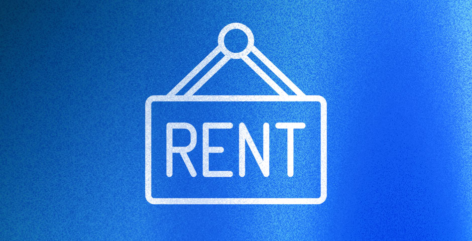 Blue and white "RENT" sign