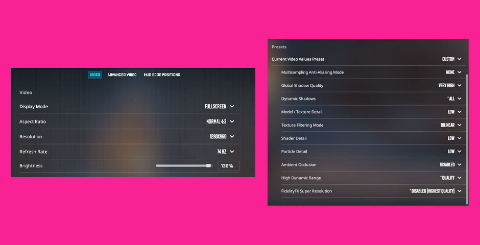 Video settings menu display options