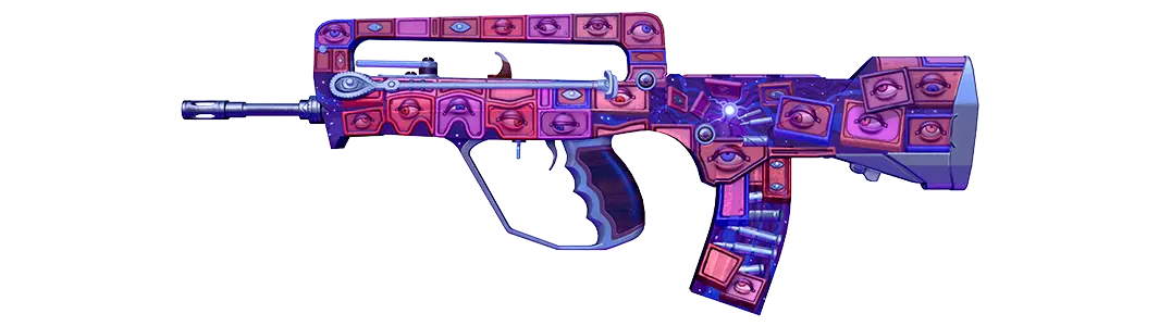 Gun with red and blue eyes