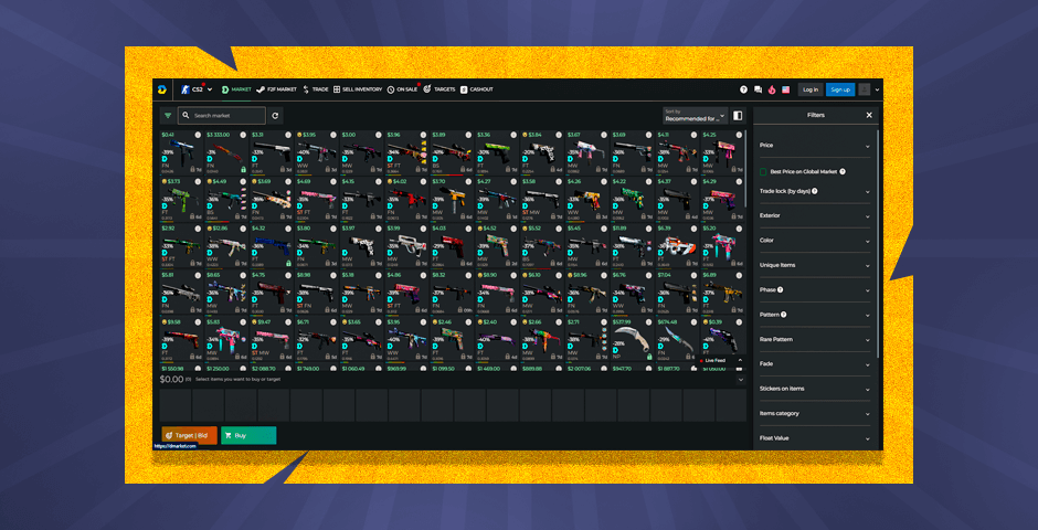 DMarket CSGO skin marketplace interface