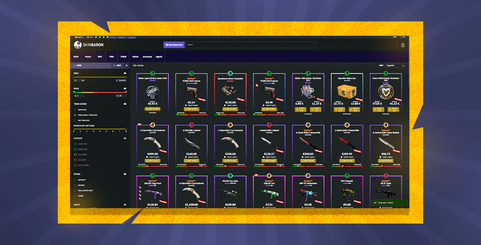 SkinBaron website displaying CS:GO skins