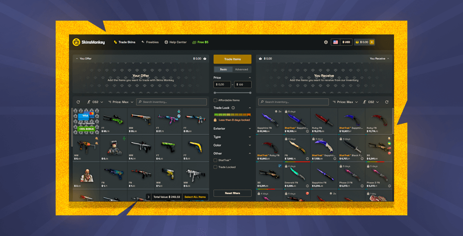 Colorful CS:GO weapon skins display