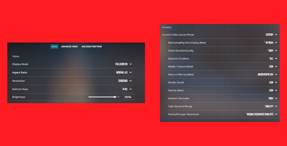 Video settings menu at high quality