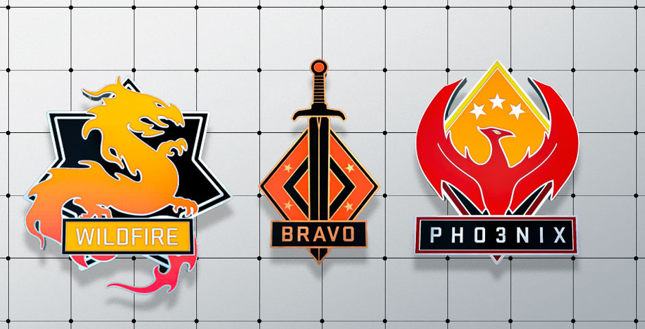 Three gaming logo designs on grid