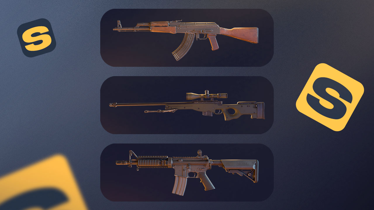 Three S-tier weapons with logos