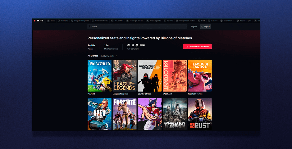 Blitz.GG gaming stats website interface