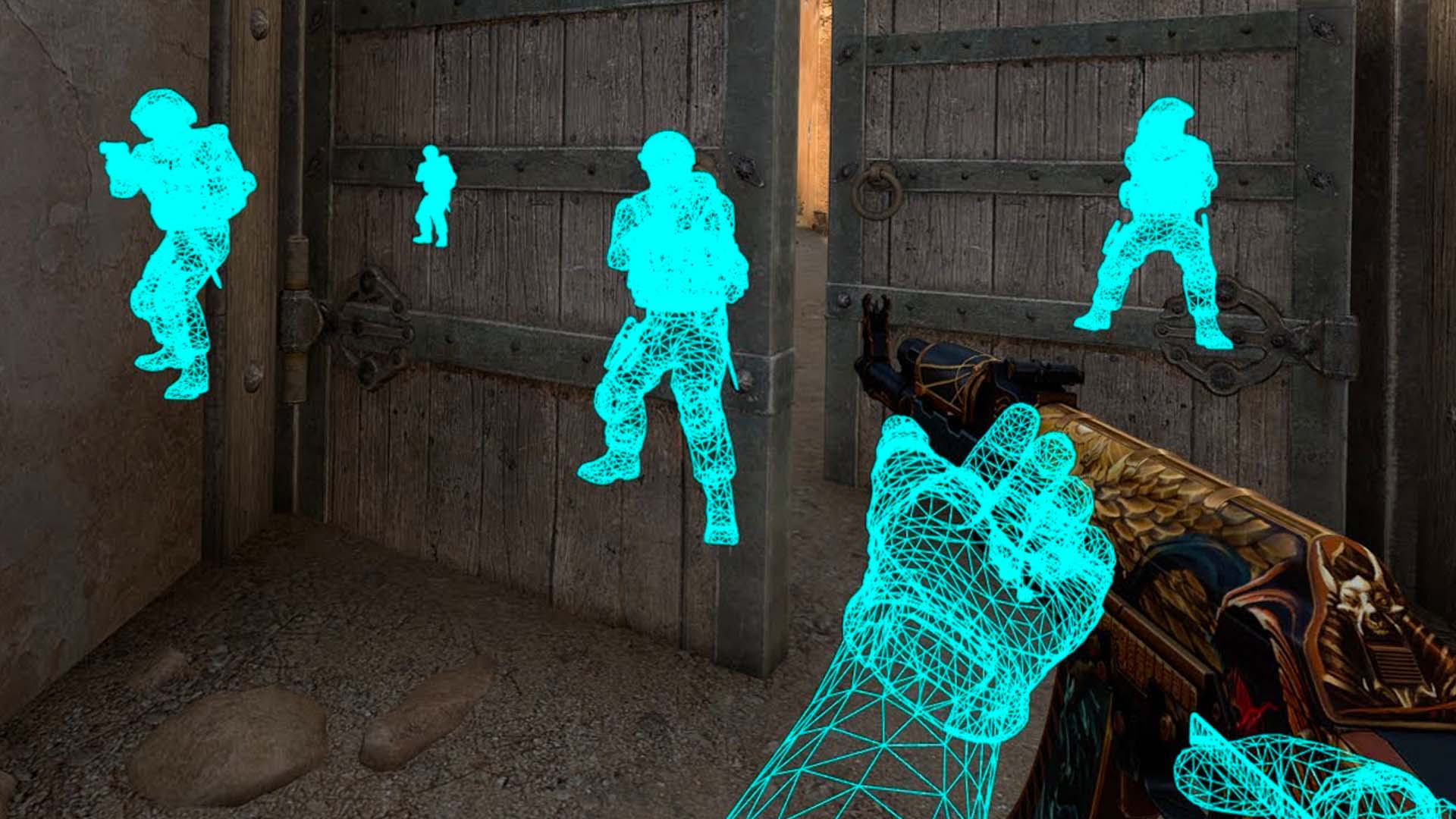 First-person shooter with glowing wireframe enemies