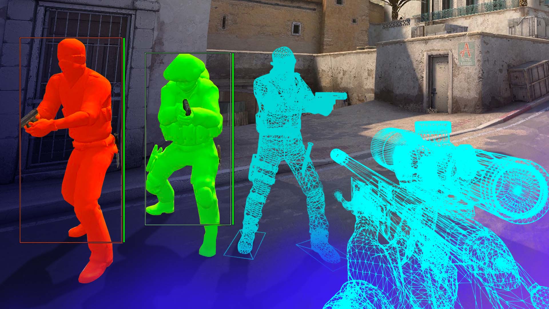 Neon soldiers fighting in 3D scene