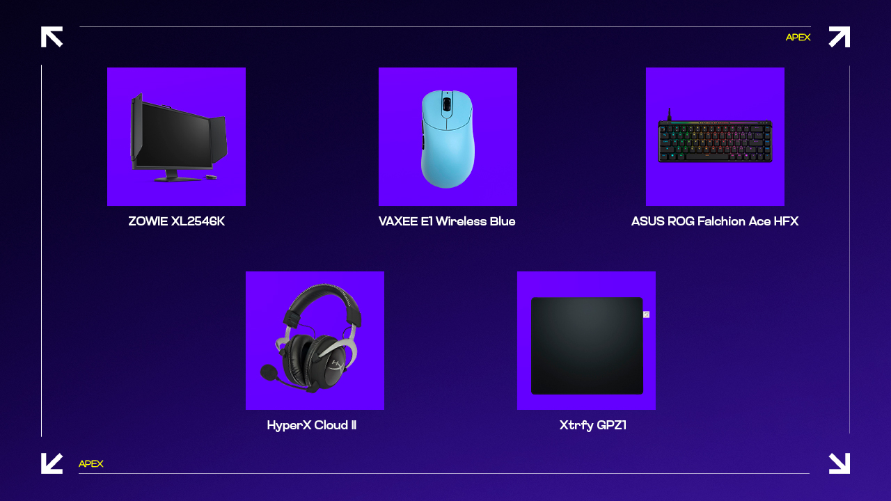 Gaming peripherals displayed on purple background